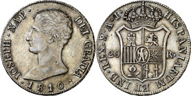 1810. José Napoleón. Madrid. AI. 20 reales. (AC. 37). Águila grande. 26,28 g. MBC+.