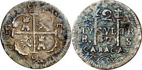 1821. Fernando VII. Caracas. BS. 2 reales. (AC. 739). Castillos y leones. Plata mal batida. 3,55 g. (MBC-).