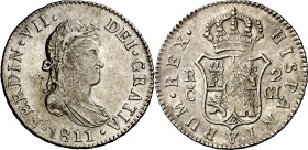 1811. Fernando VII. Cádiz. CI. 2 reales. (AC. 726). Marca de ceca grande. Parte de brillo original. 5,70 g. EBC-.