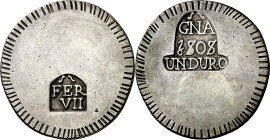 1808. Fernando VII. Girona. 1 duro. (AC. 1201). Gráfila de líneas gruesas y rectas. 25,96 g. MBC.