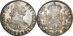 1810. Fernando VII. Guatemala. M. 8 reales. (AC. 1222). Busto de Carlos IV. Rayitas de acuñación. Escasa. 26,92 g. MBC+.