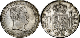 1822. Fernando VII. Madrid. SR. 20 reales. (AC. 1282). Tipo "cabezón". Rayita. Escasa. 26,99 g. MBC/MBC+.