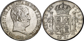 1822. Fernando VII. Madrid. SR. 20 reales. (AC. 1282). Tipo "cabezón". Buen ejemplar. Escasa. 26,99 g. MBC+.