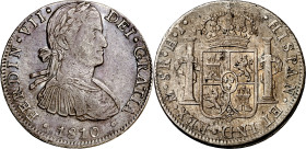 1810. Fernando VII. México. HJ. 8 reales. (AC. 1314). Busto imaginario. Pátina. 26,82 g. MBC+.