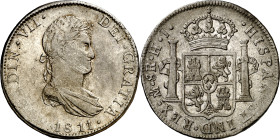 1811. Fernando VII. México. HJ. 8 reales. (AC. 1318). Primer año de busto laureado. Leves rayitas. 26,83 g. MBC+.