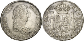 1815. Fernando VII. Santiago. FJ. 8 reales. (AC. 1408). Parte de brillo original. Buen ejemplar. Rara. 26,53 g. MBC+. Ex Áureo & Calicó 19/10/2016, nº...