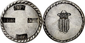 1809. Fernando VII. Tarragona. 5 pesetas. (AC. 1429). Escudo estrecho y corto. 26,62 g. MBC+/MBC.