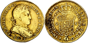 1811. Fernando VII. Cádiz. CI. 2 escudos. (AC. 1576). Busto laureado y drapeado. Rara. 6,72 g. BC+/MBC-.