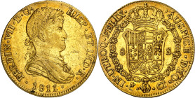 1811. Fernando VII. Cádiz. CI. 8 escudos. (AC. 1741) (Cal.Onza 1193). Sin punto delante de HISP ni entre los ensayadores. Escasa. 27,05 g. MBC+. Moned...