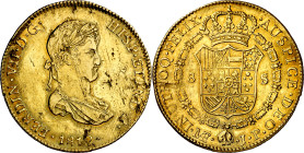 1812. Fernando VII. Lima. JP. 8 escudos. (AC. 1759) (Cal.Onza 1217). Busto laureado y drapeado pequeño. Hojitas. Rayitas de acuñación. 27,02 g. MBC+/E...