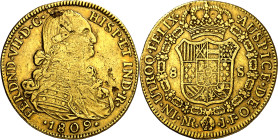 1809. Fernando VII. Santa Fe de Nuevo Reino. JF. 8 escudos. (AC. 1835) (Cal.Onza 1313) (Restrepo 127-6). Hojitas. 26,83 g. BC+/MBC-.