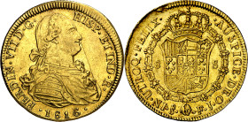 1816. Fernando VII. Santiago. FJ. 8 escudos. (AC. 1873) (Cal.Onza 1361). Sin punto entre VII y D. Rayitas de acuñación. Atractiva. 27,05 g. EBC-.