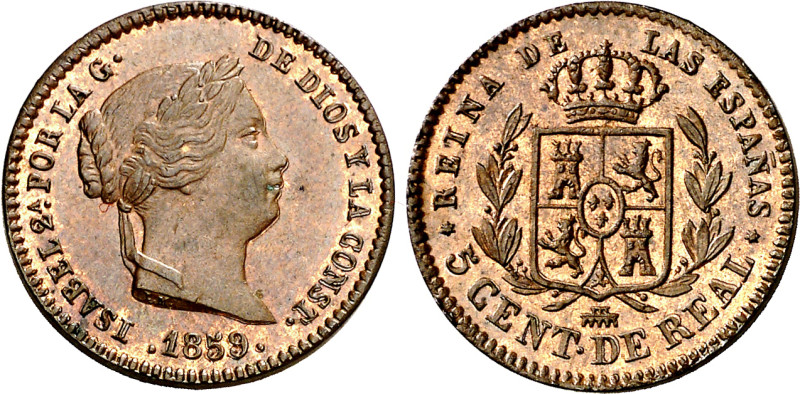 1859. Isabel II. Segovia. 5 céntimos de real. (AC. 164). Bella. Brillo original....