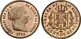 1859. Isabel II. Segovia. 5 céntimos de real. (AC. 164). Bella. Brillo original. 2,02 g. S/C-.