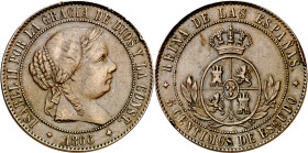 1866. Isabel II. Jubia. 5 céntimos de escudo. (AC. 247). Sin OM. Golpecito. Rara. 12,54 g. MBC-/MBC.