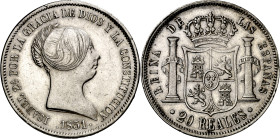 1851. Isabel II. Barcelona. 20 reales. (AC. 570). Leves golpecitos. Atractiva. Rara. 26,19 g. MBC+.