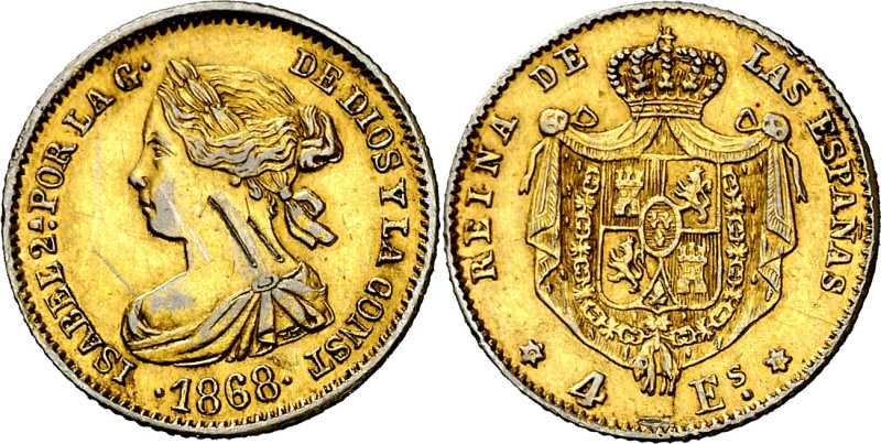 1868*1868. Isabel II. Madrid. 4 escudos. (Barrera 855). Falsa de época en platin...