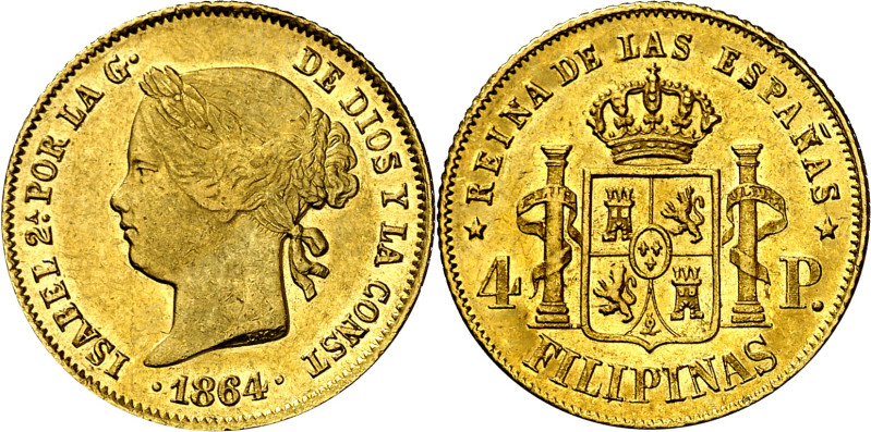 1864. Isabel II. Manila. 4 pesos. (AC. 858). Parte de brillo original. 6,72 g. M...