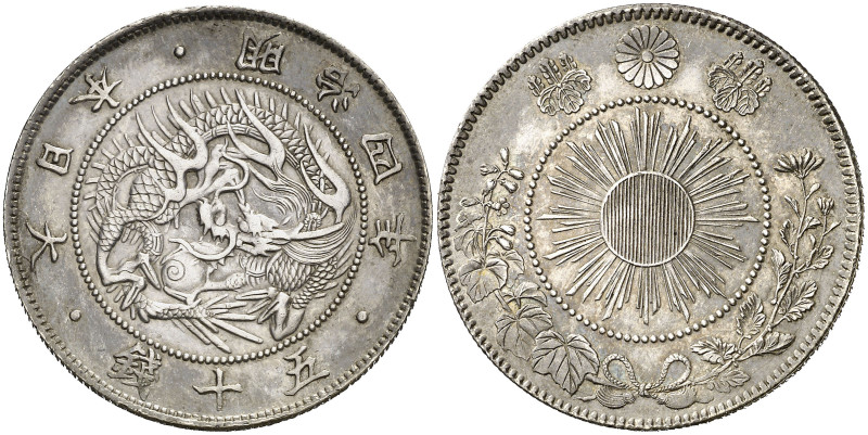 Japón. Año 4 (1871). Mutsuhito. 50 sen. (KM. 4). Bella. Rara. AG. 12,53 g. S/C-....