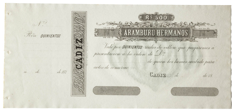 (1875). Aramburu Hermanos. 500 reales de vellón. (Pick S151). Cádiz. (Febrero). ...