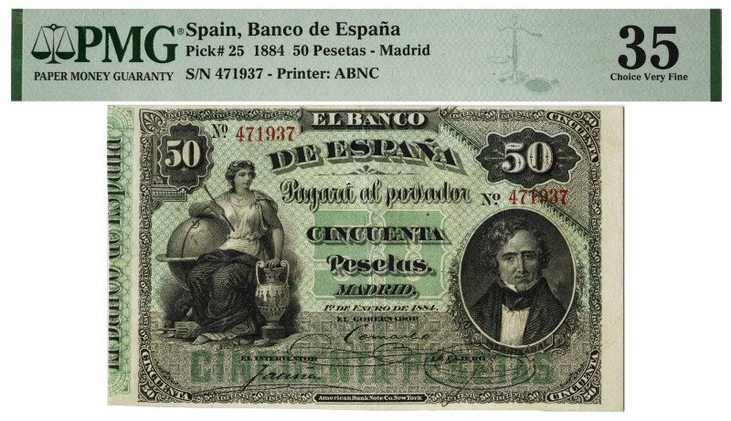 1884. 50 pesetas. (Ed. 283) (Pick 25). 1 de enero, Mendizábal. Certificado por P...