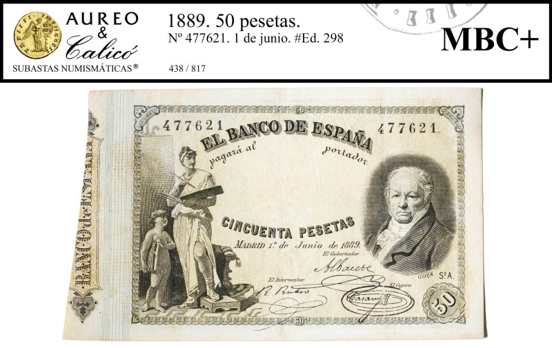 1889. 50 pesetas. (Ed. 298) (Pick 40). 1 de junio, Goya. Leves reparaciones, per...