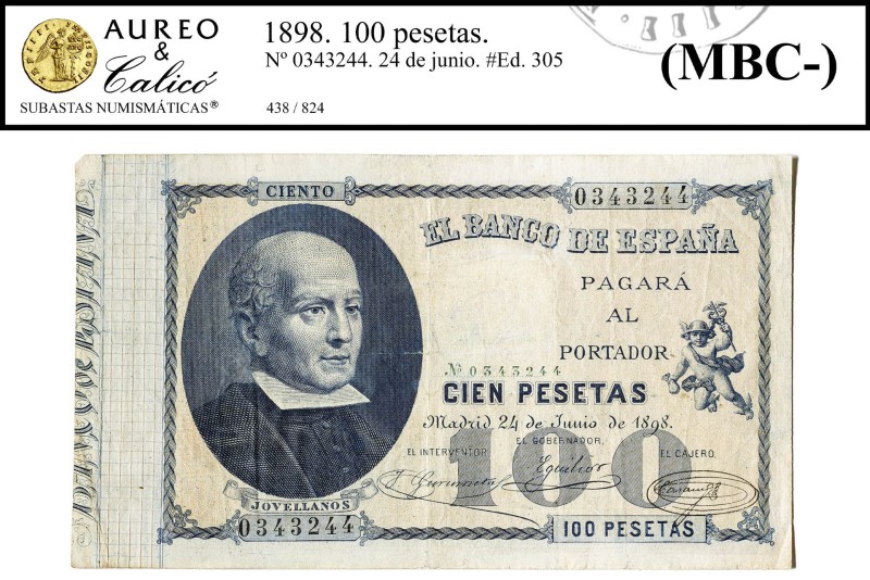 1898. 100 pesetas. (Ed. 305) (Pick 48). 24 de julio, Jovellanos. Tampón comercia...