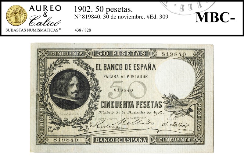 1902. 50 pesetas. (Ed. 309) (Pick 52). 30 de noviembre, Velázquez. Reparaciones....