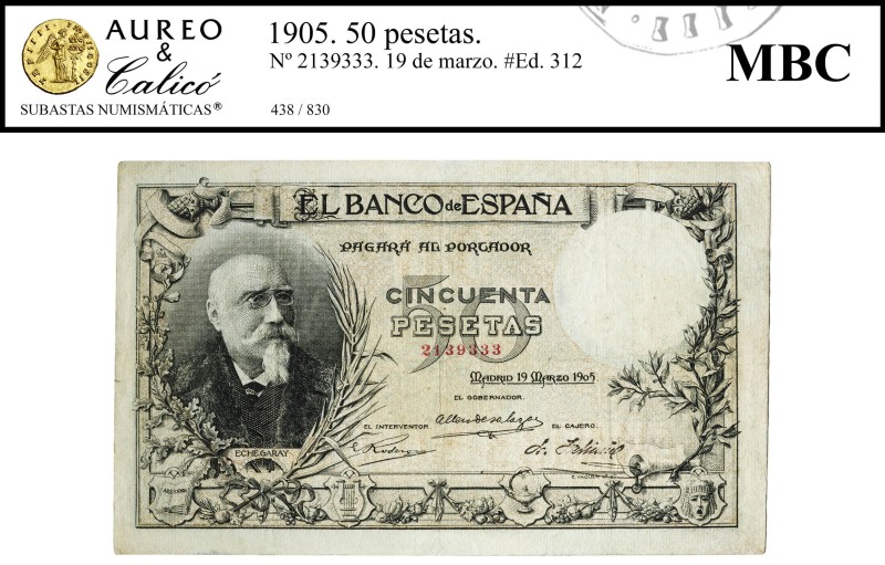 1905. 50 pesetas. (Ed. 312) (Pick 56). 19 de marzo, Echegaray. Márgenes del dobl...