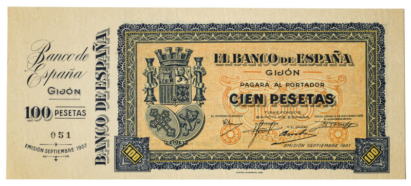 1937. Gijón. 100 pesetas. (Ed. 399a) (Pick S580r). Septiembre. Sin numeración y ...