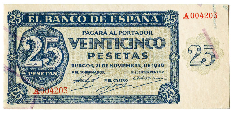 1936. Burgos. 25 pesetas. (Ed. 419) (Pick 99a). 21 de noviembre. Serie A. Numera...