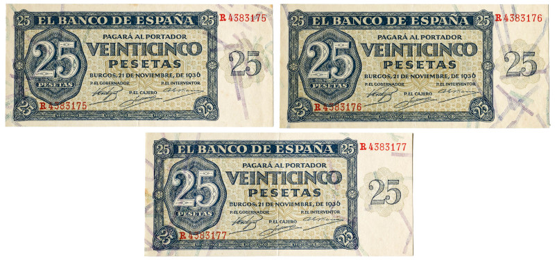 1936. Burgos. 25 pesetas. (Ed. 419a) (Pick 99a). 21 de noviembre. Trío correlati...