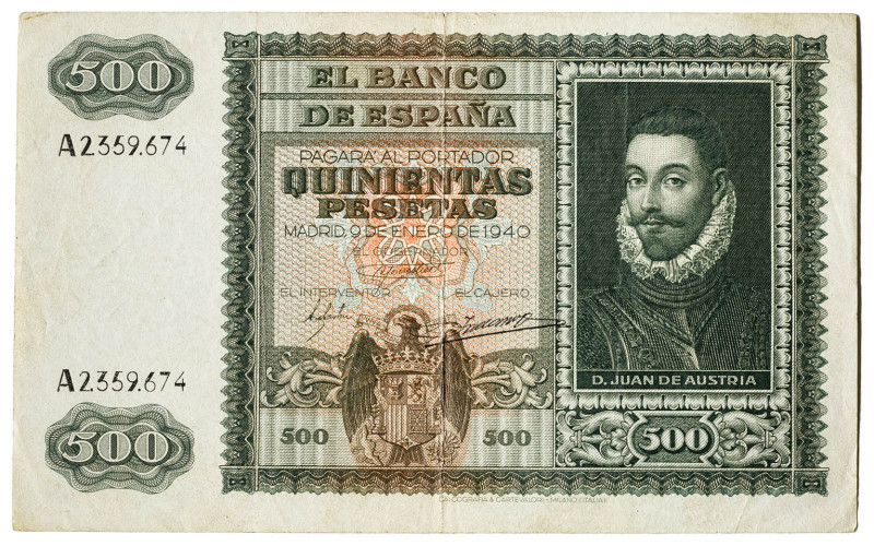 1940. 500 pesetas. (Ed. 439) (Pick 119a). 9 de enero, Juan de Austria. Ínfimas r...