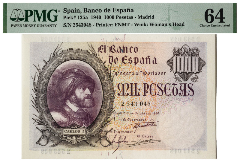 1940. 1000 pesetas. (Ed. 445) (Pick 125). 21 de octubre, Carlos I. Certificado p...