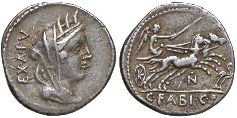 Fabia - C. Fabius C. f. Hadrianus - Denario (102 a.C.) Testa velata di Cibele a ...