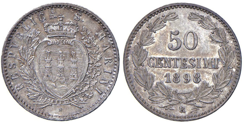 SAN MARINO 50 Centesimi 1898 - Gig. 29 AG (g 2,50) Splendida patina e cartellino...