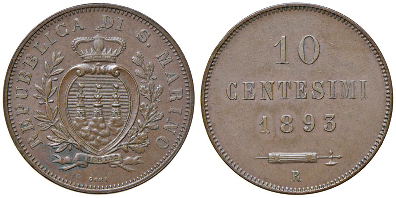 SAN MARINO 10 Centesimi 1893 - Gig. 31 CU (g 9,88) Colpetto al bordo

Status: ...