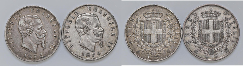 Vittorio Emanuele II (1861-1878) 5 Lire 1870 M e 1872 M - AG Lotto di due monete...