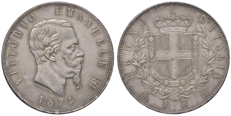 Vittorio Emanuele II (1861-1878) 5 Lire 1874 M - Nomisma 896 AG Graffio sulla gu...