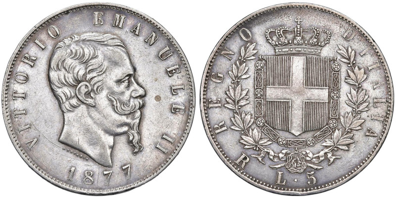 Vittorio Emanuele II (1861-1878) 5 Lire 1877 R - Nomisma 901 AG Colpi al bordo
...