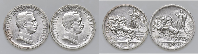 Vittorio Emanuele III (1900-1946) 2 Lire 1914 e 1916 - AG Lotto di due monete co...