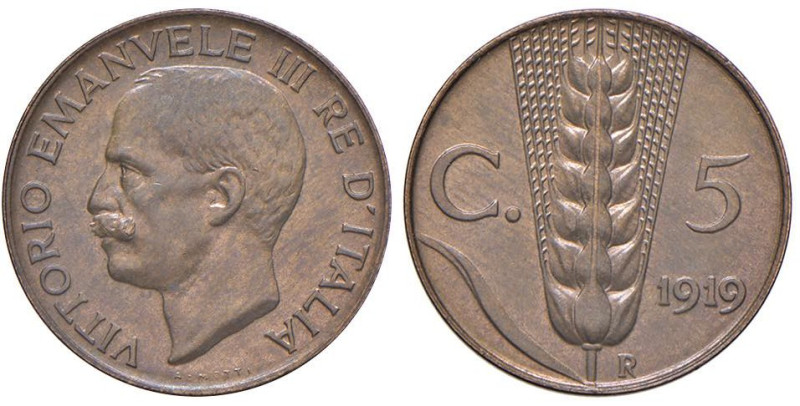 Vittorio Emanuele III (1900-1946) 5 Centesimi 1919 - Nomisma 1349 CU Minimi hair...