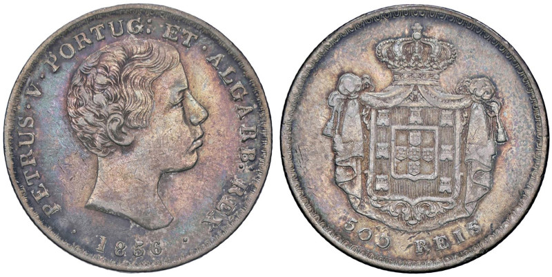 PORTOGALLO Pietro V (1853-1861) 500 Reis 1856 - KM 494 AG (g 12,35) Bella patina...