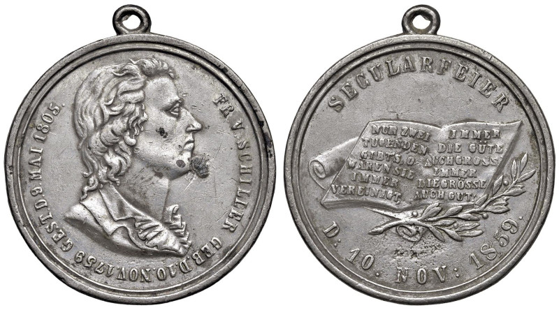 GERMANIA. Fr. V. Schiller (1759-1805) Medaglia 1859 SECULARFEIER, libro aperto e...