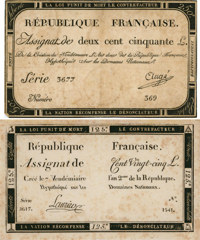 FRANCIA Lotto di due assignat da 250 e 125 livres, 170 x 104 mm, minimo forellin...