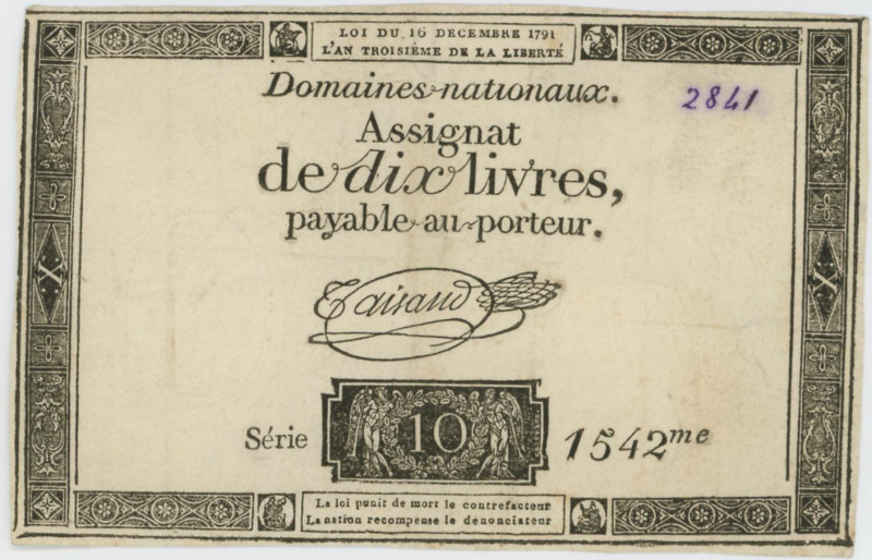 FRANCIA Assignat da 10 livres, 145 x 82 mm, alcuni forellini, numero al margine ...