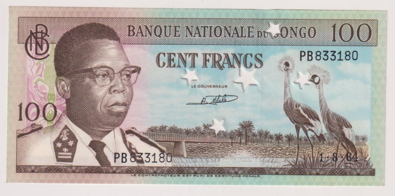 Congo D.R. - 100 Francs del 1964 perforato/annullato. Rif. Pick P.6

Status: F...