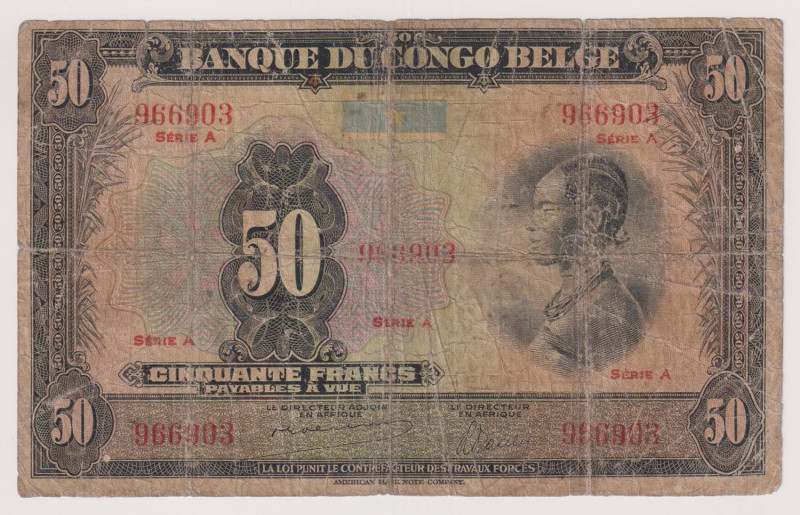 Congo belga - 50 Francs del 1943/52. Pieghe diffuse molto marcate come da scansi...