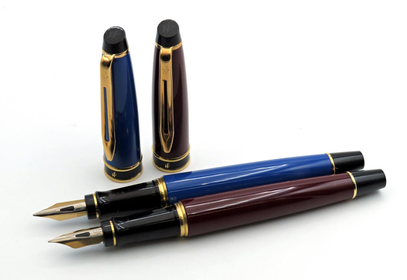 WATERMAN -Lotto di 2 penne- Stilografiche, Corpi in resina blu e bordeaux con fi...