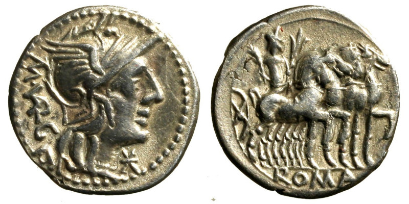 VARGUNTEIA. M. Vargunteius (130 a. C.) Denario (g. 3,63). Testa di Roma elmata a...